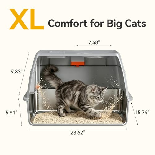 Tevila Extra Large Stainless Steel Litter Box with Lid, High Sided Enclosed Metal Cat Litter Pan, Dog Proof Front Entry Top Exit, Odor Control Easy Clean Leak Proof, Includes Scoop & Step, Light Gray