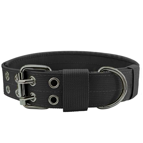 Heavy Duty Dog Collar for Large Dogs, Tactical Dog Collars with Metal Buckle & D Ring, 1.5" Width Thick Adjustable Nylon Collar for Medium Dogs, Black/L