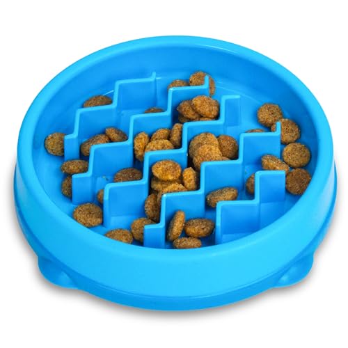Catstages Kitty Slow Feeder Bowl for Cats & Small Dogs, Puzzle Dish for Fast Eaters, for Wet or Dry Food, Helps Slow Eating & Aid Digestion, Non-Slip, Made Without BPA, 3/4 Cup, 5-Inch, Blue