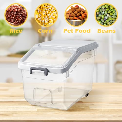 Sunnyray 4 Pcs Rice Storage Container 22 lb Airtight Flour Container with Wheels Measuring Cup Clear Pet Food Cube Dog Cat Birds Food Bin Grain Cereal Organizer Box for Dry Baking Supplies(White Lid)