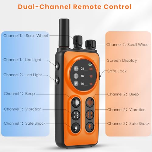 Dog Shock Collar 2 Dogs, 3300ft Dog Training Collar with Remote, Real-time Dual-Channel Remote with 3 Training Modes, Beep, Vibration, Safety Shock, Light, Fits 8-120 lbs All Breeds Sizes - Orange