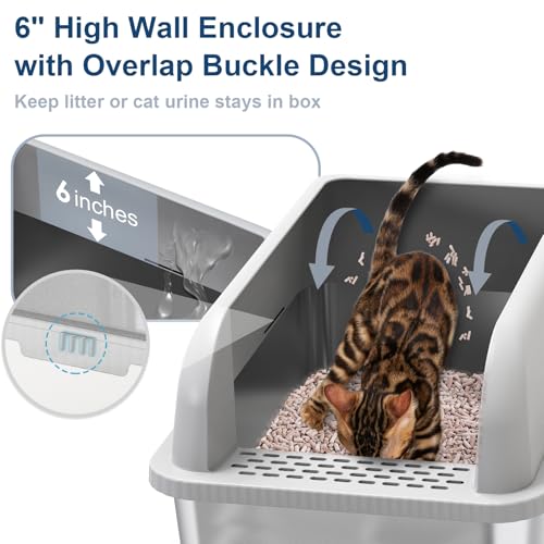 23.6''x16''x12'' Enclosed Stainless Steel Litter Box with Lid, XL Sifting Litter Box for Pine Pellets, High Sides Metal Litter Box System for Big Cats, Anti-Leakage, Easy Cleaning, Less Tracking