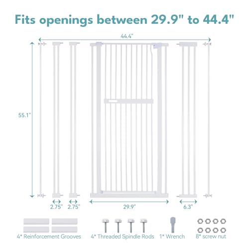 No Pawblems 55.1" Extra Tall Pet Gate for Cat/Dog, 29.9-44.4" Wide Auto Close Tall Cat Gate, NO Drilling Pressure Mounted for Doorways/Hallways, 1.37" Narrower Bar Spacing, White