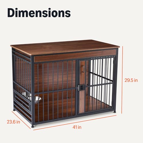 Amazon Basics Furniture Style Dog Crate, Two Bowls Included, 41" x 23.6" x 29.5", Walnut