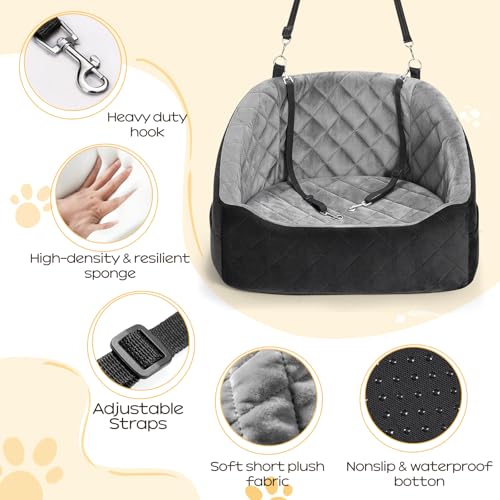 KANGREST Dog Car Seat for Small Dogs Up to 30 Lbs, Pet Travel Safety Bed for Puppy Cat, Fits in Front/Back Seat, Anti Slip Base, Fully Detachable Washable with 2 Safety Tether(Grey-Black)