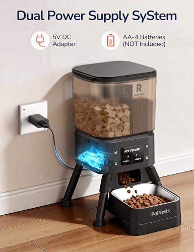 PalNests Dual Chamber Automatic Cat Feeder, Smart WiFi Pet Food Dispenser with 2.4&5G WiFi App, Custom Schedule & Portion Control for Dry Food and Treats, 4L, Black