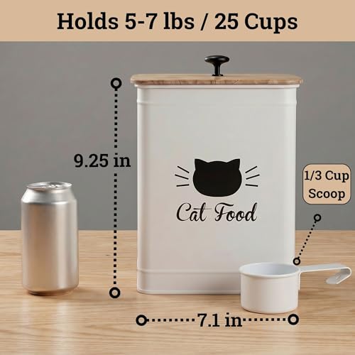 Cat Food Storage Container with Scoop - 5-7 lb (25 Cup) Capacity Metal Cat Food Container with Airtight Bamboo Lid and Metal Scoop - Airtight Pet Food Storage Containers 5 lb - 7 lb Kibble Container
