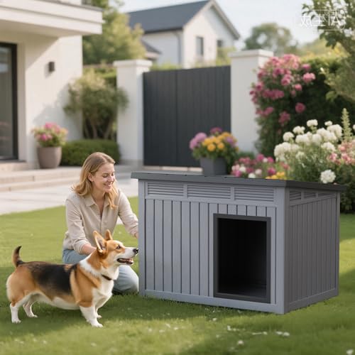 Jatindear Dog House Indoor Outdoor, Waterproof Dog House for Small to Medium Dogs,Easy to Assemble and Clean, Doghouse with Air Vents and Elevated Floor,Openable at The Top,Grey,32.2"×25.12"×24.13"