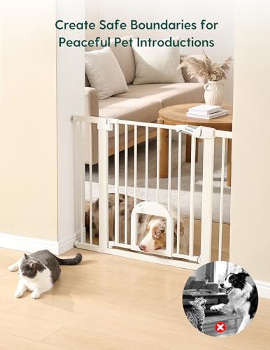 Babelio Baby Gate with Adjustable Cat Door,29-43" Auto Close Durable Pet Door for Stairs,Doorways and House,Pressure Mounted,Easy Install,Effortless Walk Thru,White