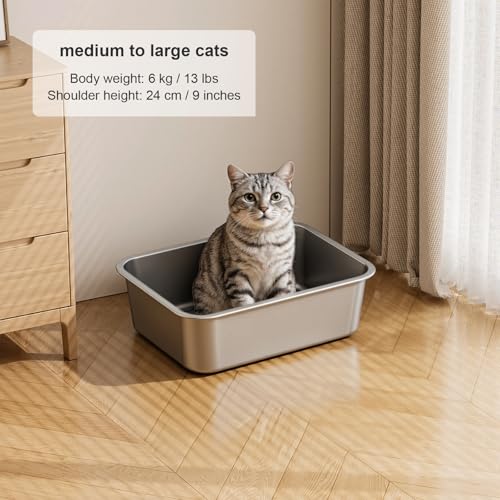 Idymere Stainless Steel Litter Box with High Sided, Metal Cat Litter Box, Odor-Free, Non-Stick Litterbox Pan, Easy to Clean Pet Supplies Toilet Tray for Indoor Cats, Kittens or Multicat Homes