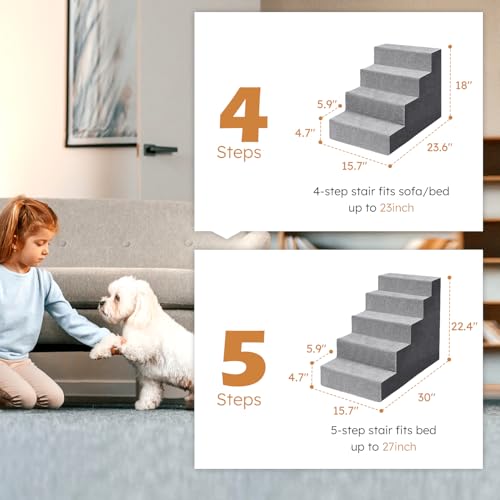Heeyoo Dog Stairs for Small Dogs,5-Step Dog Steps for High Bed and Couch, High-Density Foam Pet Steps with Supporting Board, Non-Slip Removable Washable Cover, Grey
