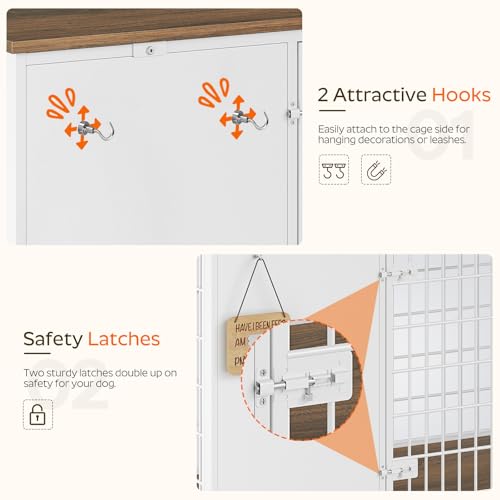 YATINEY Foldable Dog Crate Furniture, Dog Crate with DIY Frame, Heavy Duty Dog Kennel Indoor with Hooks, Wooden Dog Cage End Table, for Small/Medium Dogs, White and Walnut DC95WH