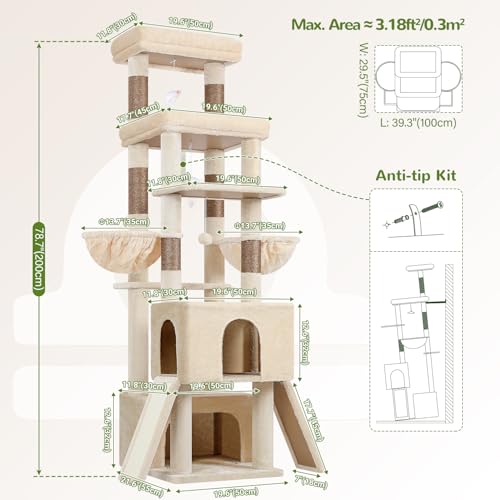 Globlazer Heavy Duty Cat Tree 78 inch Sturdy Cat Tower for 20lbs Large Adult Cats, Symmetrical Aesthetic Big Cat Tree with Extra Large Platform, 2 Scratching Boards, Z78, Beige