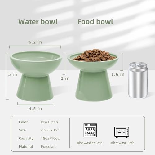 CEEFU 2 Elevated Ceramic Cat Bowls Extra Wide for Food & Water – Whisker Fatigue Shallow Food Dish, Lead & Cadmium-Free, Raised Height for Cats, Sage Green
