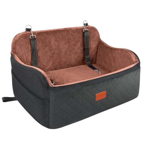 Lealchum Dog Car Seat for Large Size Dog,Soft Fabric Car Dog Bed Filling Memory Foam,2 Clip-On Safety Leashs and 2 Pockets,Removable and Washable Comfy Pet Car Seat(Black/Brown, Large)
