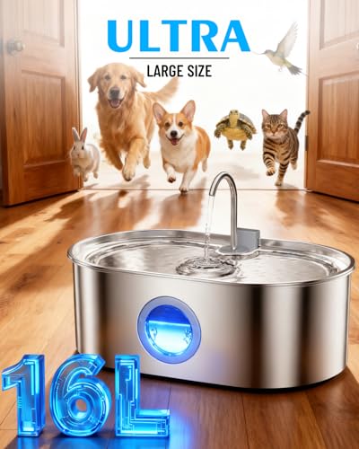 4.2Gal Dog Water Fountain for Large Dogs, 16L Stainless Steel Dog Fountain Water Bowl with Multi-Filtration & Deeper Drinking Tray, Extra Large Pet Water Fountain with Water Window & LED, Ultra-Quiet