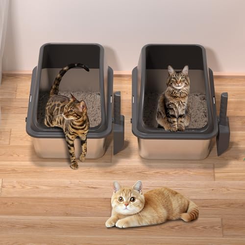 KITCATY 2PACK Stainless Steel Cat Litter Box, 20" L x 13.8" W x12 H Metal Kitty Litter Box with Lid, Never Absorbs Odors, Leak-Proof, Non-Sticky, Easy to Clean, with Scoop