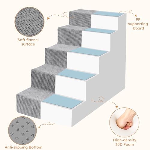 Heeyoo Dog Stairs for Small Dogs,5-Step Dog Steps for High Bed and Couch, High-Density Foam Pet Steps with Supporting Board, Non-Slip Removable Washable Cover, Grey