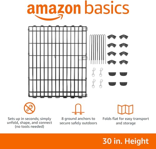 Amazon Basics Foldable Octagonal Metal Exercise Dog Playpen - Indoor/Ou, , Blacktdoor, No Door, Small (8 Panels, 24 x 30), Easy to assemble, store, and customize, 30" - Small, Black