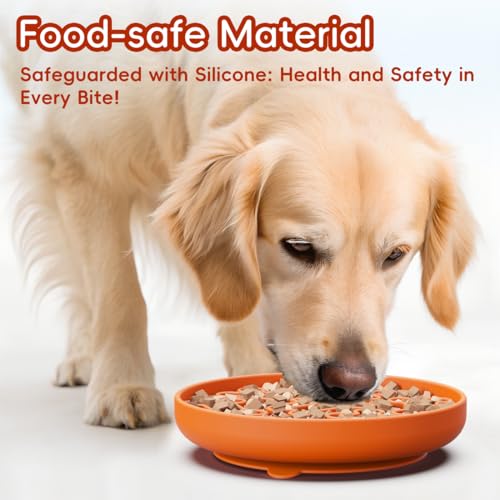 AXEFUN Silicone Slow Feeder Dog Bowl – Orange Bone Pattern | Food-Grade Non-Slip Dog Dish for Anti-Bloat, Fast Eating Prevention, 7.5” x 1.5”, Dishwasher Safe