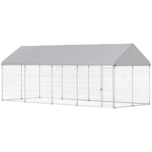 PawHut Outdoor Dog Kennel, 20' x 7.5' x 8', Heavy Duty Large Dog Kennel Outside w/Waterproof Roof, Galvanized Chain Link Pet Enclosure w/Secure Lock, for Large Breed, Chicken, Duck