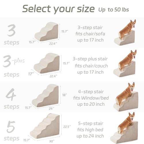 Laojin Balhen Dog Stairs for Small Dogs & Cats 15.7" H, High Density Foam Dog Steps Ramp for Couch Sofa and Chair, Pet Stairs with Non-Slip Bottom and Remove Washable Cover, 3-Step Pet Steps, Beige