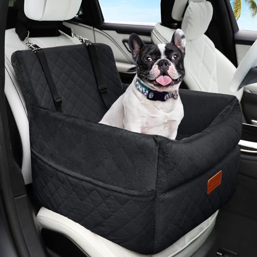 HEGGCOOE Small Dog Car Seat, Memory Foam Dog Booster Car Seats with Thick Cushion for Medium Dogs Under 35lbs, Detachable Washable Dog Bed for Car, Pet Carseat with Storage Pockets,2 Safety Belts