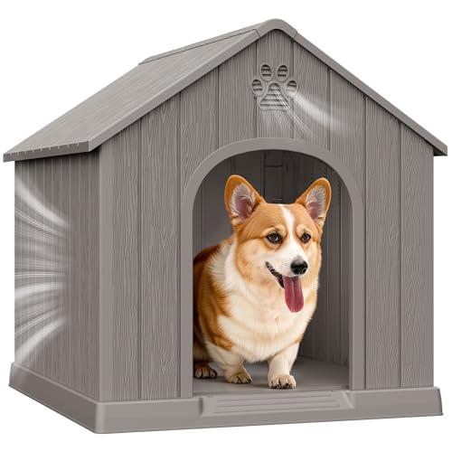 Bifanuo Outdoor Indoor Dog House for Small & Medium Dogs - Weatherproof Shelter with Elevated Floor, Hidden Vents & Tool-Free Assembly (Classic Grey, 26.18" L x 24.03" W x 25.98" H)