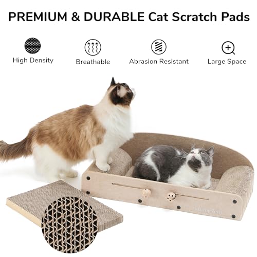 FUKUMARU 26 Inch Cat Scratcher Bed, 2 Reversible Cardboard Cat Scratch Pads Refill for Indoor Cats, Durable Large Cats Scratching Bed Sofa Couch Lounger with Fun Toys, Furniture Protector, Beige