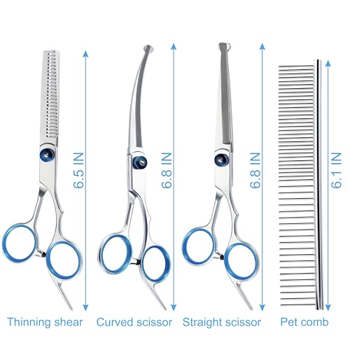 5 in 1 Premium Dog Grooming Scissors, Professional Dog Scissors for Grooming with Safety Round Tips, Lengnoyp Stainless Steel Thinning Shears, Pet Cat Shears for Grooming Kit