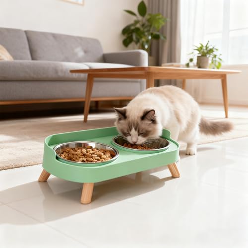 Elevated Cat Bowls, 2 Stainless Steel Raised Cat Food and Water Bowl Set, Splash Proof & Non-Slip, Whisker Fatigue Friendly, Dishwasher Safe for Cats and Small Dogs - Green