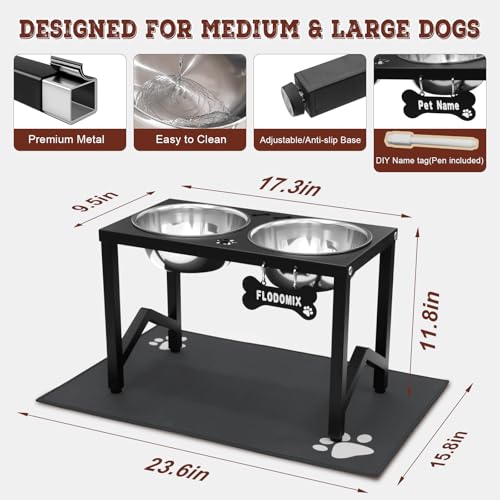 Flodomix Elevated Dog Bowls, Metal Raised Dog Bowl Stand with 2 Thick 58oz Stainless Steel Food Bowls & Non-Slip Mat - 11.8" Tall for Medium/Large Breeds