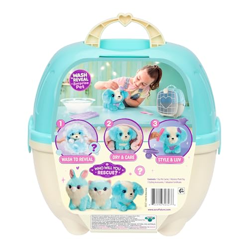 SCRUFFALUVS Blue Surprise Pet, Mystery Plush Toys, Stuffed Animals, Wash to Reveal 1 of 3 Rescue Surprise Toy Pets: Puppy, Bunny, or Kitty - Includes 8.7" Deluxe Carrier - Styles May Vary