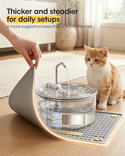 Tomxcute Non-Absorbent Cat Water Fountain Mat, 19.7" x 14.2" Extra Thick Waterproof Pet Feeding Mat, Heavy-Duty PVC Floor Protector for Active Drinkers, Raised Edge Tray for Food and Water Bowls, Grey