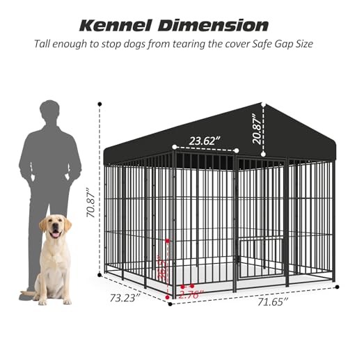 PANTAZO Large Dog Kennel Outdoor with Double Safety Locks 73''x72''x71'' Heavy Duty Welded Wire Steel Pet Pen Dog Enclosure with UV-Resistant Waterproof Roof