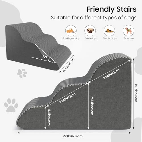 Pet Stairs for Small Dogs and Cats, Comfortable Curved Design with Waterproof Cover, High-Density Foam Steps for Beds or Sofas, Durable and Lightweight, 3-Layer, 21.7x15.7x13.8 Inches Grey