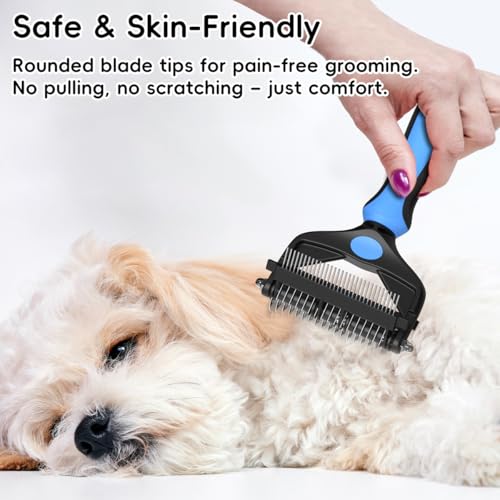 AXEFUN 3-in-1 Professional Pet Grooming Brush for Dogs & Cats – Dematting Comb, Undercoat Rake & Deshedding Tool for Long & Short Hair, Heavy Shedding & Matted Fur (Blue)