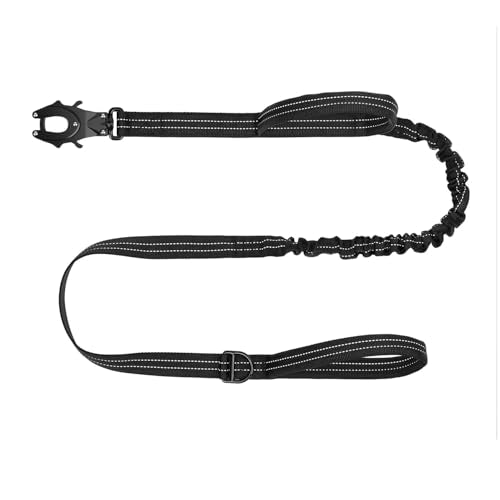 ICEFANG Tactical Dog Leash,K9 Training Walking Bungee Lead with 2 Control Handle,Heavy Duty Quick Release Metal Clasp,Hands Free D-Ring for Medium Large Dogs (4ft,Reflective Black)