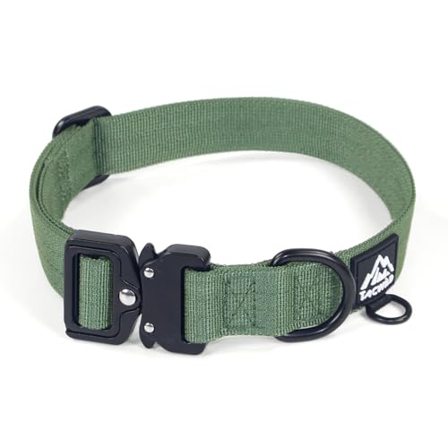 Tacwild Dog Collar for Large Dogs - Adjustable, Chew Proof Nylon Collar with Metal Quick Release Buckle and D-Ring for Dog Tags (Dark Green, L)