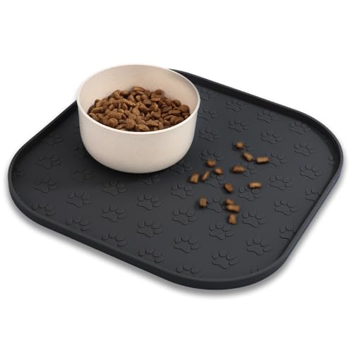 Pet Feeding Mat, Waterproof Anti-Slip Placemats for Dog Cat Bowl Silicone Pet Food Mat, Raised Edge Prevent Spills on Floor & Carpet, Dishwasher Safe (Black, 11" x 11")