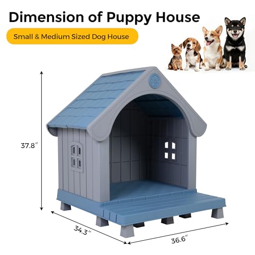 COZIWOW Large Dog House Outdoor Waterproof Plastic Pet Shelter with Porch, All-Weather Insulated Dog Kennel for Medium to Large Dogs, Easy Assembly, 36.6”L x 34.3”W x 37.8”H