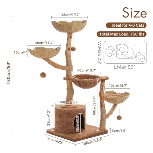 PAWZ Road Cat Tree for Indoor Cats Large Adults, 59 Inches Modern Cat Tower with 3 Large Baskets, Natural Solid Wood, Luxury Condo and Hammock, Modern Furniture for Big Cats, Brown