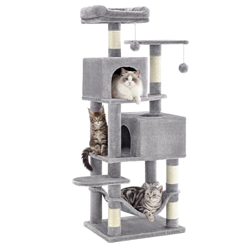 SONGMICS HOME Cat Tree for Indoor Cats, Multi-Level Cat Tower with Sisal Scratching Posts, Hammock and Condo, Light Gray