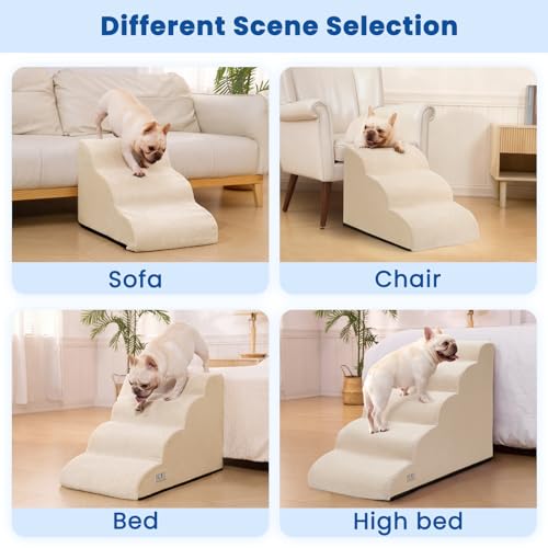 Airpanda Dog Stairs for Small Dogs and Cats – 3 Step Pet Ramp for Couch & Sofa, Non-Slip Dog Steps for Pets, Washable Cover, High-Density Support Foam for Easy Climbing,Beige