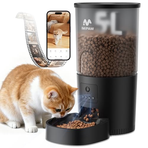 IMIPAW 5L Automatic Cat Feeder with Camera - AI Pet Recognition & Recording, Night Vision, 5G WiFi APP Remote Control, Two-Way Audio & Desiccant Bag, Timed Programmable Food Dispenser for Small Pets
