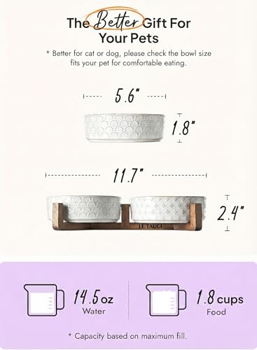 LE TAUCI Dog Bowl Set with Acacia Wood Stand - 1.5-Cup Ceramic Puppy Bowls for Small Dogs, Dual Food and Water Bowls with Weighted Non-Slip Base