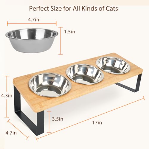 Elevated Cat Bowl, 15° Tilted Cat Bowl Stand with 3 Stainless Steel Bowls for Indoor Cats and Pet, Raised Cats Bowls for Food and Water