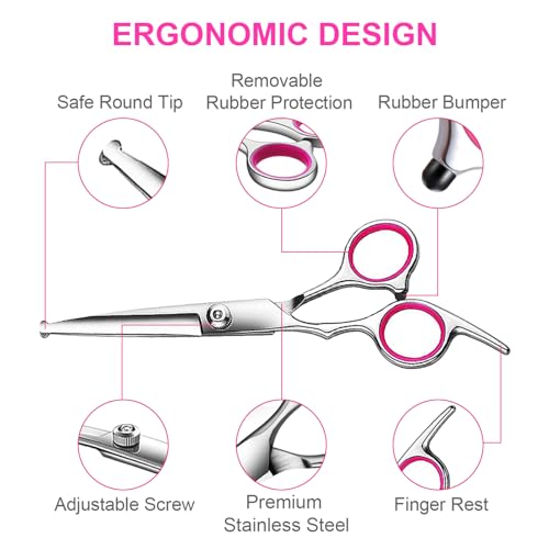 TINMARDA Dog Grooming Kit, Professional Stainless Steel Dog Grooming Scissors with Curved Shears, Pink Finger Rings - 4 Piece Sharp Durable Pet Shears for Dogs Cats At Home Salon-Quality Grooming
