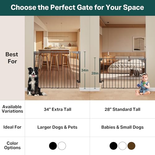Cumbor 34" Extra Tall No Bottom Bar Baby Gate for Stairs, Hardware Mounted Dog Gate Indoor for Larger Pets, Expandable 29.2-43" Safety Gate for Doorways, Wide Walk Thru Door for Easy Access (Black)