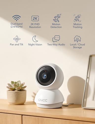 GNCC 2K WiFi Cameras for Home Security, Security Camera Indoor, Baby/Pet Camera with Phone App, 2.4/5GHz, Motion Detector, Night Vision, 2-Way Audio, SD/Cloud Storage, Works with Alexa & Google Home